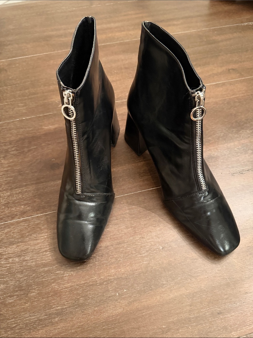 Zara Black Leather Front-Zip Ankle Boots